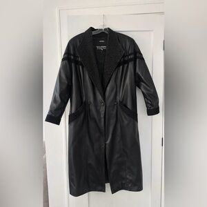 Wilsons Leather Black Faux Leather Trench Coat with Textured Trim